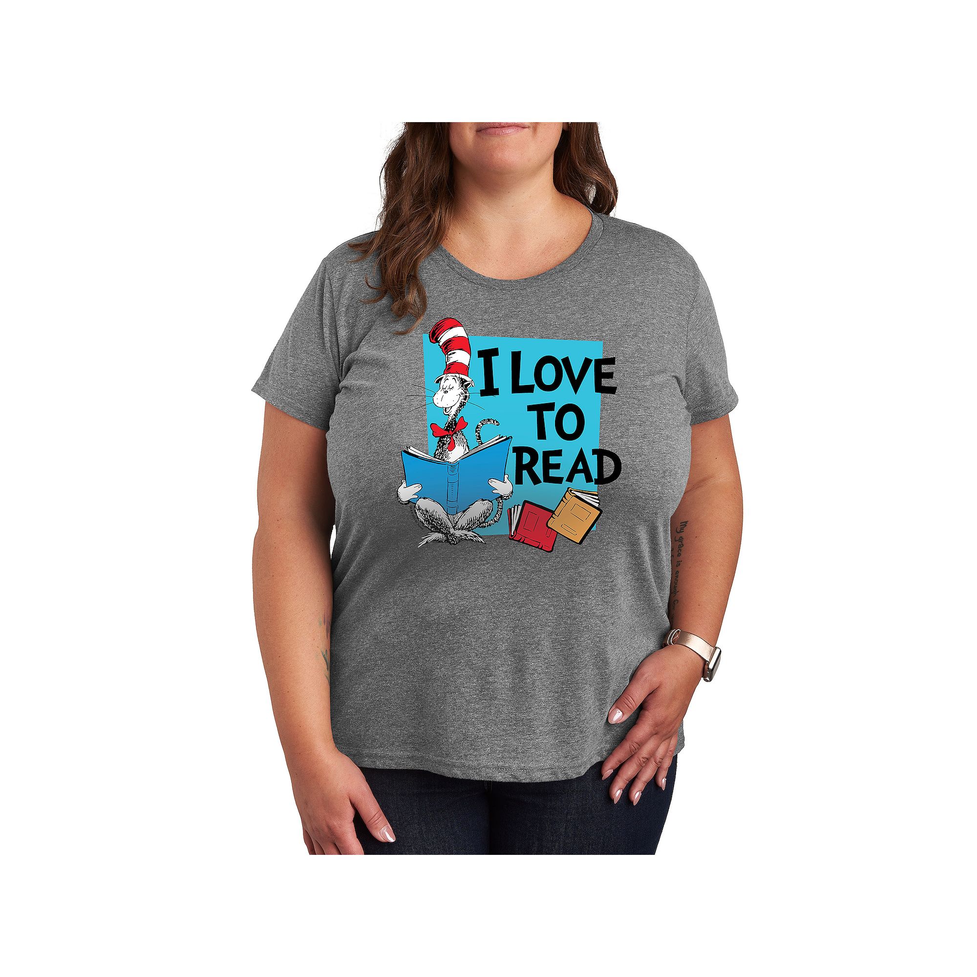 Plus Dr. Seuss I Love To Read Graphic Tee, Womens, Size: 1XL, Grey Gray