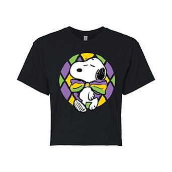 Juniors' Peanuts Snoopy Mardi Gras Party Cropped Tee