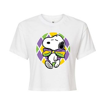 Juniors' Peanuts Snoopy Mardi Gras Party Cropped Tee