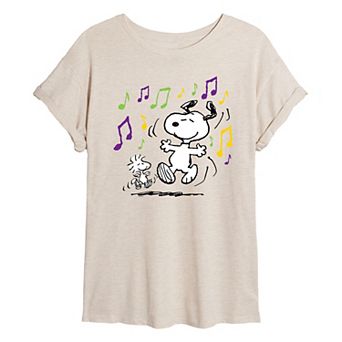 Juniors' Peanuts Snoopy & Woodstock Mardi Gras Dancing Oversized Tee