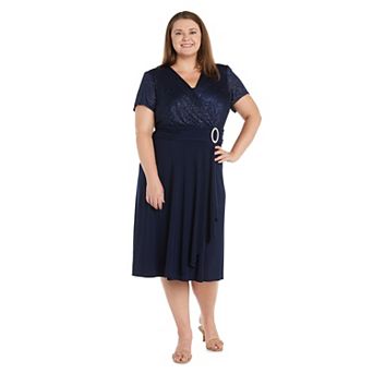 Plus Size R&M Richards Sparkly Cascade Wrap Fit & Flare Midi Dress