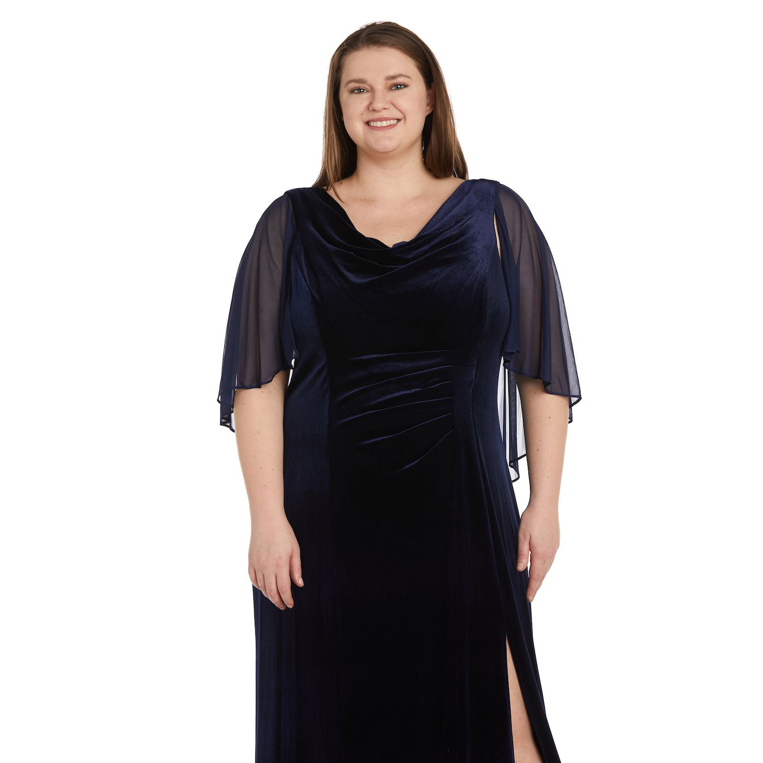plus size long velvet dress Kiyonna Womens Cara Wrap Stretch dress Round neckline Long sleeves Velvet Back cutout High slit Rhinestones Fringes Zipper closure 95% polyester 5% spandex Hand wash cold Model is wearing a 1X Plus Size - Halloween Costume