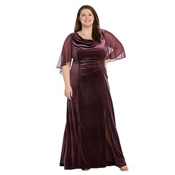 Plus Size R&M Richards Chiffon Cowled Velvet Side Slit Maxi Caplet Dress