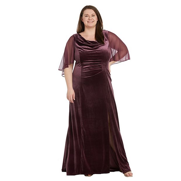 keh64636☆ ミストレアスCape Set Velvet Dress Plus Size R&M Richards Chiffon Cowled Velvet Side Slit Maxi