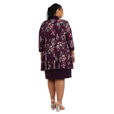 Plus Size R&M Richards Floral Print Ribbed Cardigan & Relaxed A-Line Dress Set with Necklace