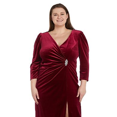 Plus Size R&M Richards Surplice Neck with Brooch Side Wrap Midi Dress