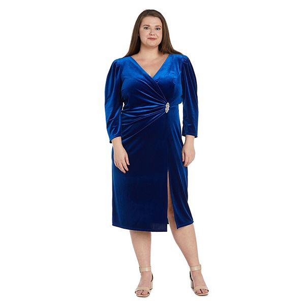 Plus Size R&M Richards Surplice Neck with Brooch Side Wrap Midi Dress