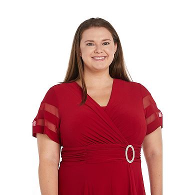 Plus Size R&M Richards Rhinestone Buckled Cascade Wrap Midi Dress