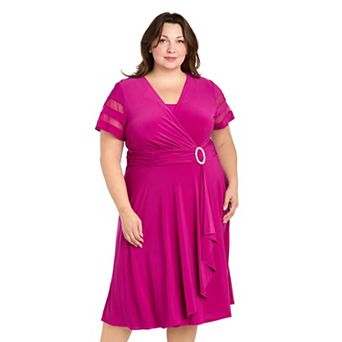 Plus Size R&M Richards Rhinestone Buckled Cascade Wrap Midi Dress