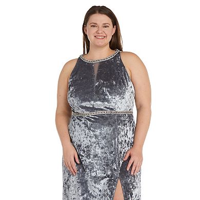 Plus Size R&M Richards Split Neck Belted Side Slit Velvet Maxi Evening Dress