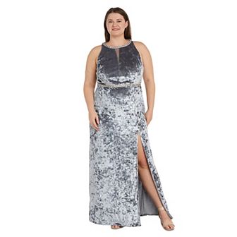 Plus Size R&M Richards Split Neck Belted Side Slit Velvet Maxi Evening Dress
