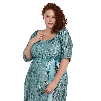 Plus Size R&M Richards Sweetheart Neckline Floral Sequin Paneled Maxi Godet Dress