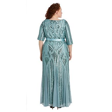Plus Size R&M Richards Sweetheart Neckline Floral Sequin Paneled Maxi Godet Dress