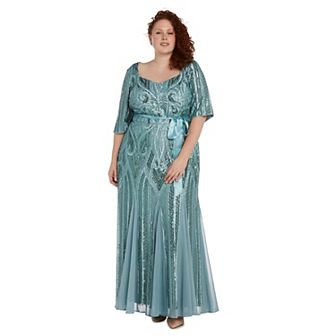 Plus Size R&M Richards Sweetheart Neckline Floral Sequin Paneled Maxi Godet Dress