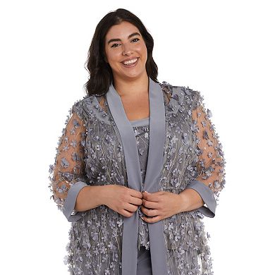 Plus Size R&M Richards Sheer Mesh Flower Embroidered Layered Cardigan Top & High Rise Pants Set