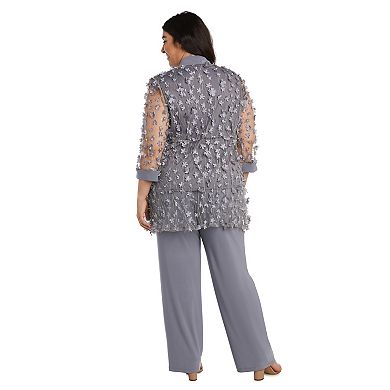 Plus Size R&M Richards Sheer Mesh Flower Embroidered Layered Cardigan Top & High Rise Pants Set