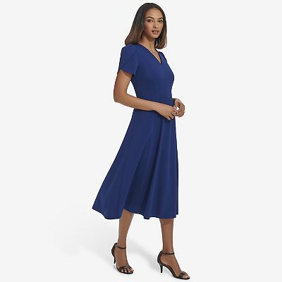 slim fit dress slacks London Times Petite Crewneck Button-Tab Short-Sleeve Midi Dress - Sugar Ivory