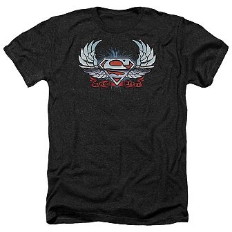 Superman Chrome Wings Shield Adult Heather T-shirt