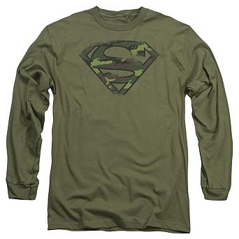 Superman Distressed Camo Shield Long Sleeve Adult T-shirt