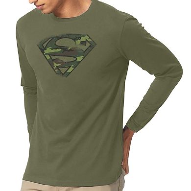 Superman Distressed Camo Shield Long Sleeve Adult T-shirt