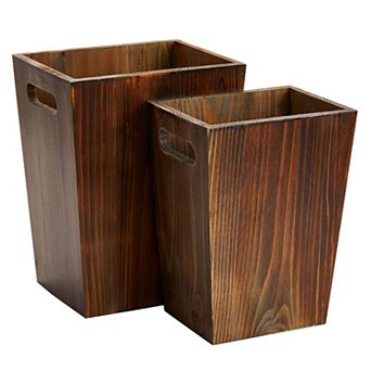 2 pc Farmhouse Square Rustic Wooden Trash Can Set With Handles (small, Large)