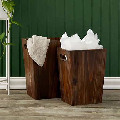 2 Piece Farmhouse Square Rustic Wooden Trash Can Set With Handles (small, Large)