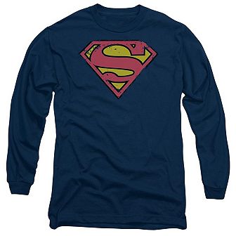 Superman Distressed Shield Long Sleeve Adult T-shirt