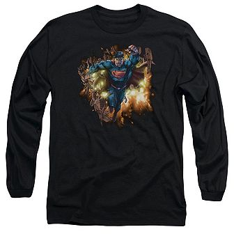 Superman Blasting Through Long Sleeve Adult T-shirt