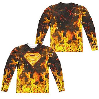 Superman Fire Logo Long Sleeve Adult Poly Crew T-shirt