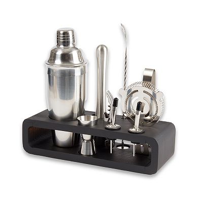 Bey-Berk Mahattan Nine Piece Bar Set with Black Wood Base