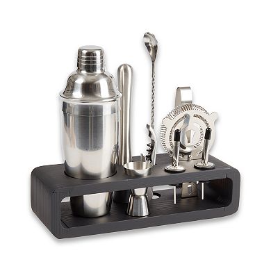 Bey-Berk Mahattan Nine Piece Bar Set with Black Wood Base