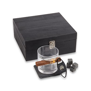 Bey-Berk Boulevardier Set with Whiskey Glass, 12 Whiskey Stones, Cigar Cutter & Slate Coaster