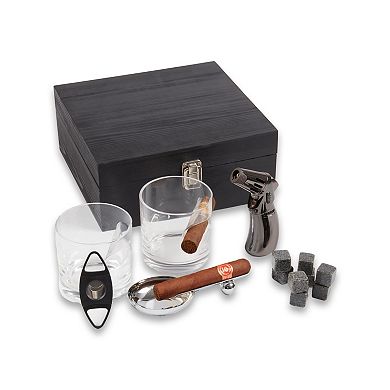 Bey-Berk Boulevardier Set with Two Whiskey Glasses, 12 Whiskey Stones, Cigar Torch, Ashtray & Cutter