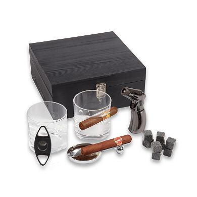Bey-Berk Boulevardier Set with Two Whiskey Glasses, 12 Whiskey Stones, Cigar Torch, Ashtray & Cutter