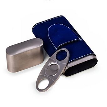 Bey-Berk Harrison Blue Leather & Steel Cigar Case with Cutter