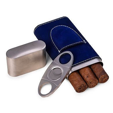 Bey-Berk Harrison Blue Leather & Steel Cigar Case with Cutter