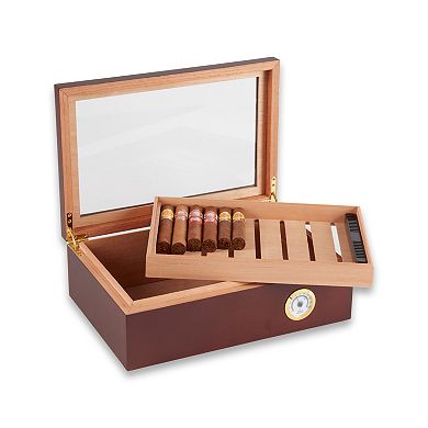 Bey-Berk Havana Walnut 75 Cigar Humidor with Glass Viewing Top & Spanish Cedar Lining