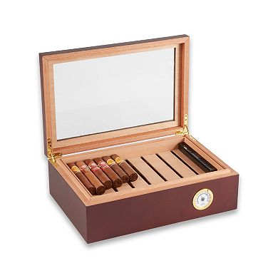 Bey-Berk Havana Walnut 75 Cigar Humidor with Glass Viewing Top & Spanish Cedar Lining