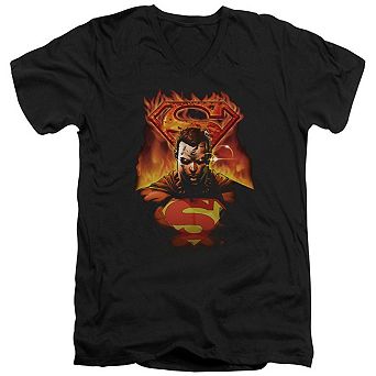 Superman Man On Fire Short Sleeve Adult V Neck T-shirt