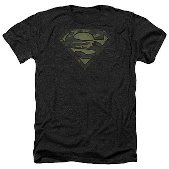 Superman Camo Logo Distressed Adult Heather T-shirt