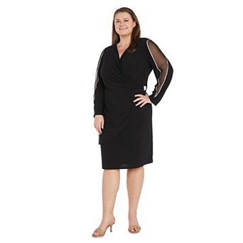 Plus Size R&M Richards Long Sheer Detail Sleeve Faux Wrap Midi Dress