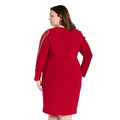Plus Size R&M Richards Sheer Detailed Long Sleeve Faux Wrap Midi Dress