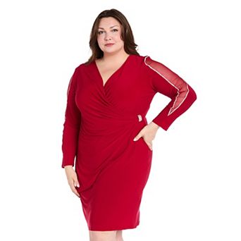 Plus Size R&M Richards Long Sheer Detail Sleeve Faux Wrap Midi Dress