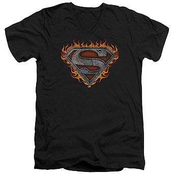 Superman Iron Fire Shield Short Sleeve Adult V Neck T-shirt