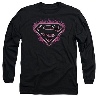 Superman Fuchsia Flames Long Sleeve Adult T-shirt