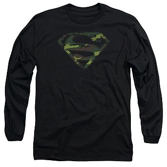 Superman Distressed Camo Shield Long Sleeve Adult T-shirt