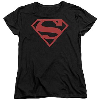 Superman Red On Black Shield Short Sleeve Womens T-shirt