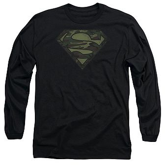 Superman Camo Logo Distressed Long Sleeve Adult T-shirt