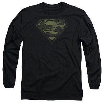 Superman Camo Logo Distressed Long Sleeve Adult T-shirt
