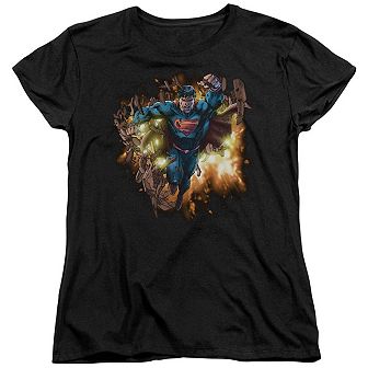 Superman Blasting Through Short Sleeve Womens T-shirt